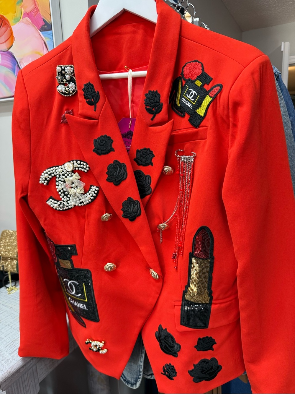 New Red Embellished Double-Breasted Women's Blazer Jacket